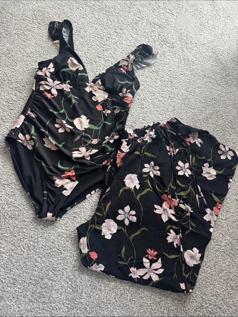 Shade & Shore Black Floral Swim Cover Set with Pink and Cream Blooms 2 pc set